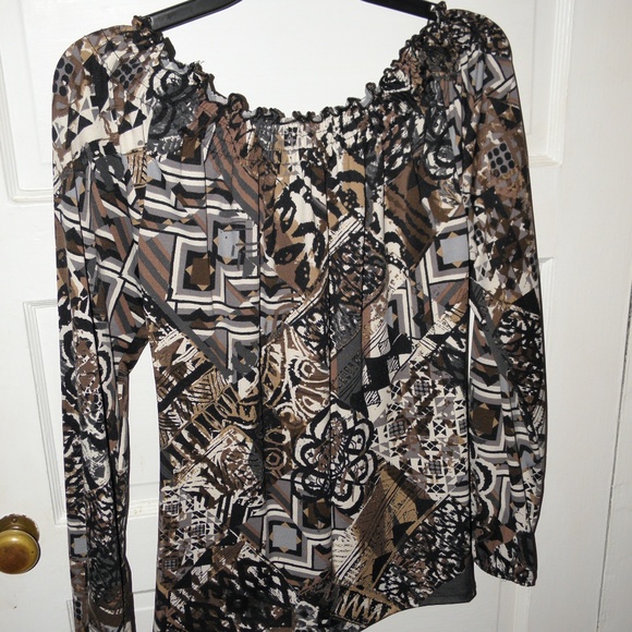 CAROLROSE BROWN/BLACK/WHITE L/S BLOUSE~MEDIUM - Picture 3 of 3